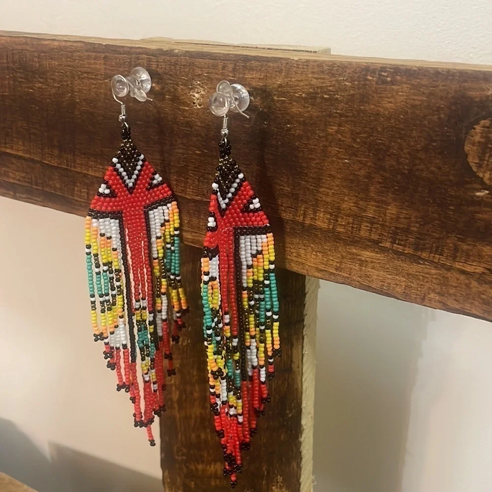 Earrings Aztec Style Hand Loom Beaded Boho Dangle pierced Jewelry New size OS